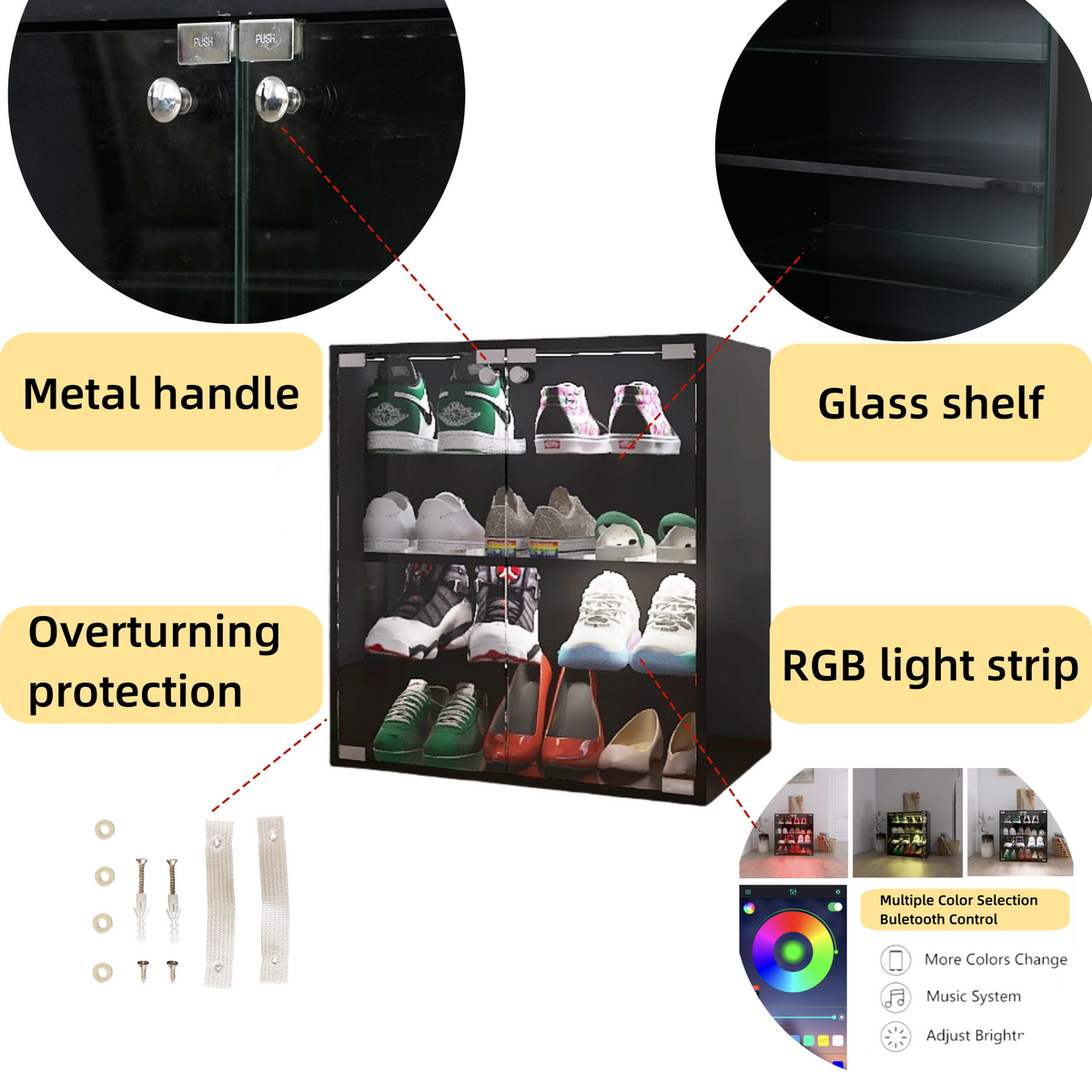 4 Layers Black Shoe Cabinet With Glass Door And Glass Layer Shoes Display Cabinet With Led Light Bluetooth Control Standard 3 4 Spaces Black Primary Living Space Adjustable Shelves Modern Mdf Glass