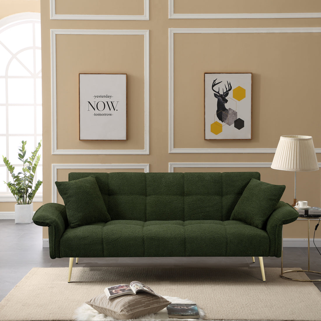 70.1 "Futon Sofa Bed, Convertible Double Sofa Bed With Folding Armrests For Living Rooms And Small Spaces Green Light Brown Velvet Wood Primary Living Space Medium Soft Loose Back Contemporary Eucalyptus Foam Foam 2 Seat