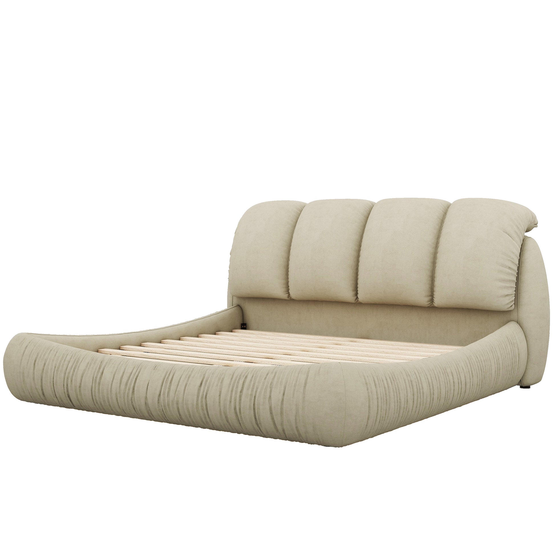 King Size Luxury Upholstered Bed With Thick Headboard, Velvet King Bed With Oversized Padded Backrest, Cinerous Expect Arrive Date 2024 3 9 King Stone Gray Velvet