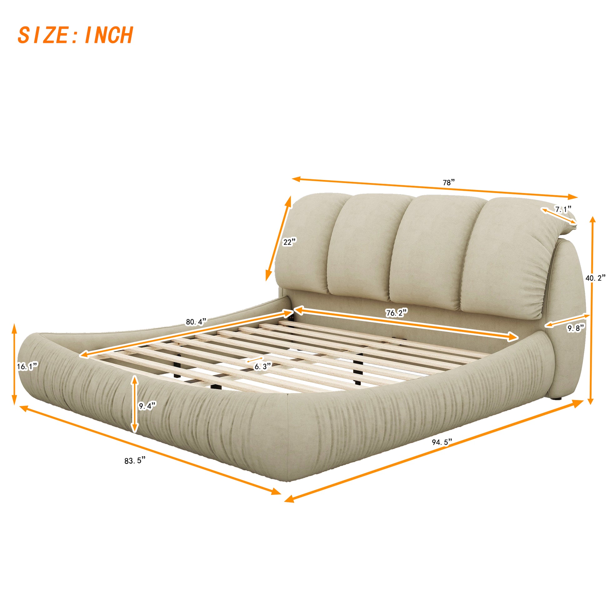 King Size Luxury Upholstered Bed With Thick Headboard, Velvet King Bed With Oversized Padded Backrest, Cinerous Expect Arrive Date 2024 3 9 King Stone Gray Velvet