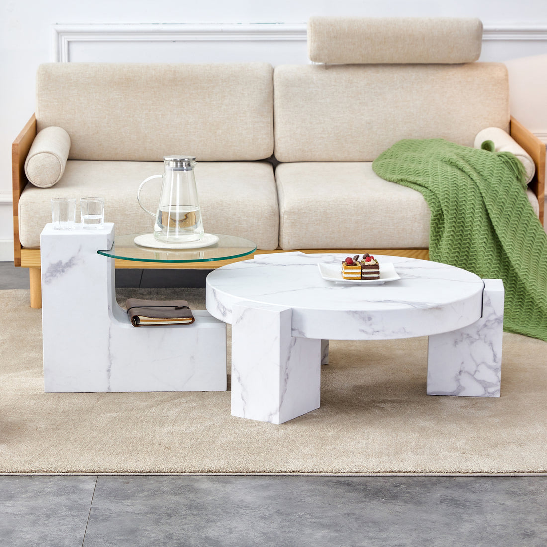 A Modern, Fashionable, And Durable Marble Textured Mdf Coffee Table With A Side Table. Match With Multiple Scenes. Suitable For Living Room And Bedroom. White Mdf Glass