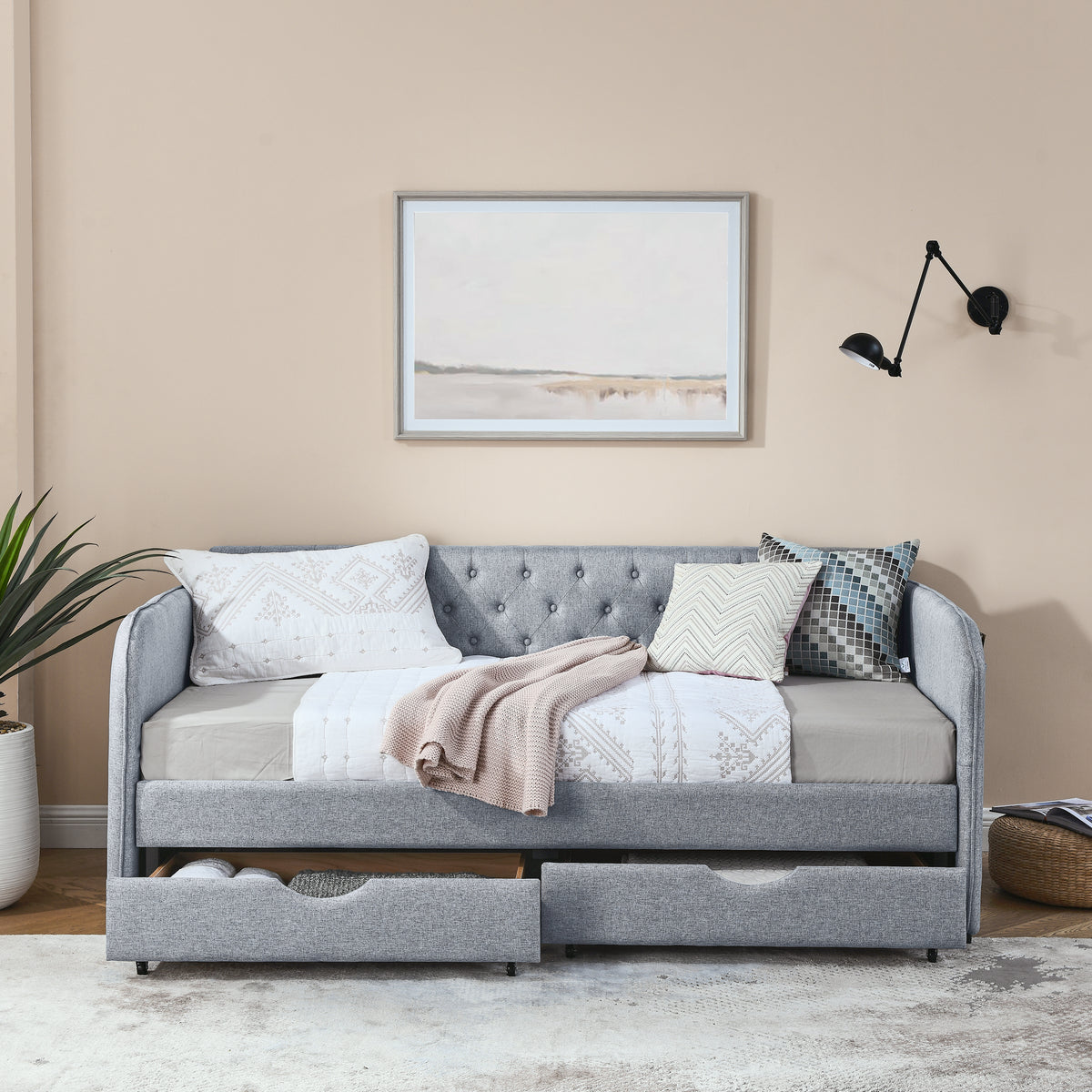 Twin Size Upholstery Daybed With Trundle Bed And Two Storage Drawersflat Arms With Pocket, Extendable Daybed For Bedroom Living Room,Linen Grey Grey Linen