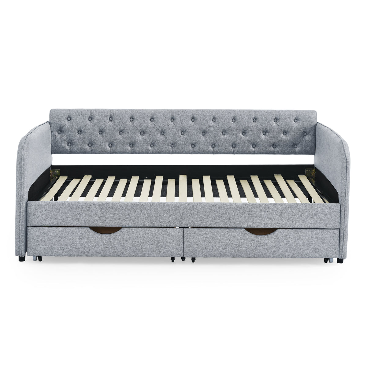 Twin Size Upholstery Daybed With Trundle Bed And Two Storage Drawersflat Arms With Pocket, Extendable Daybed For Bedroom Living Room,Linen Grey Grey Linen