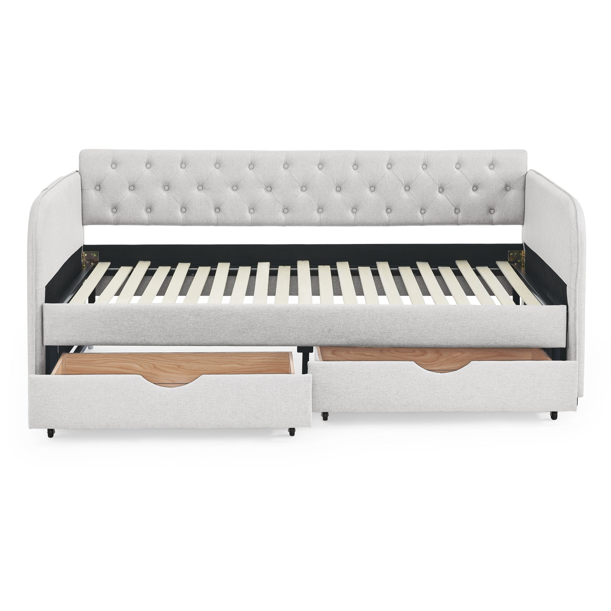 Twin Size Upholstery Daybed With Trundle Bed And Two Storage Drawersflat Arms With Pocket, Extendable Daybed For Bedroom Living Room,Linen Beige Beige Linen
