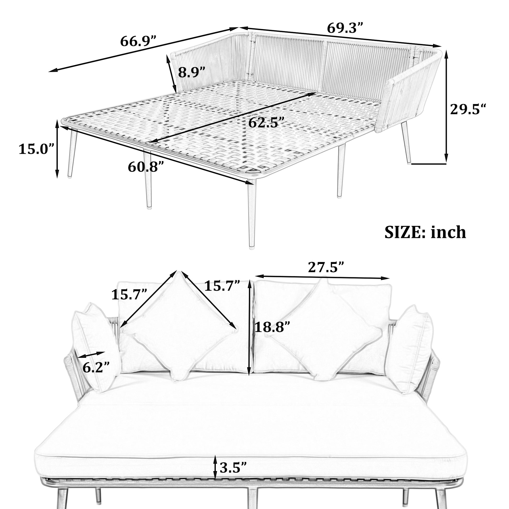 Outdoor Patio Daybed, Woven Nylon Rope Backrest With Washable Cushions For Balcony, Poolside, Set For 2 Person, Beige Yes Complete Patio Set Beige Gold Weather Resistant Frame Stain Resistant Cushions Garden & Outdoor Casual Complete Patio Sets Foam Pvc
