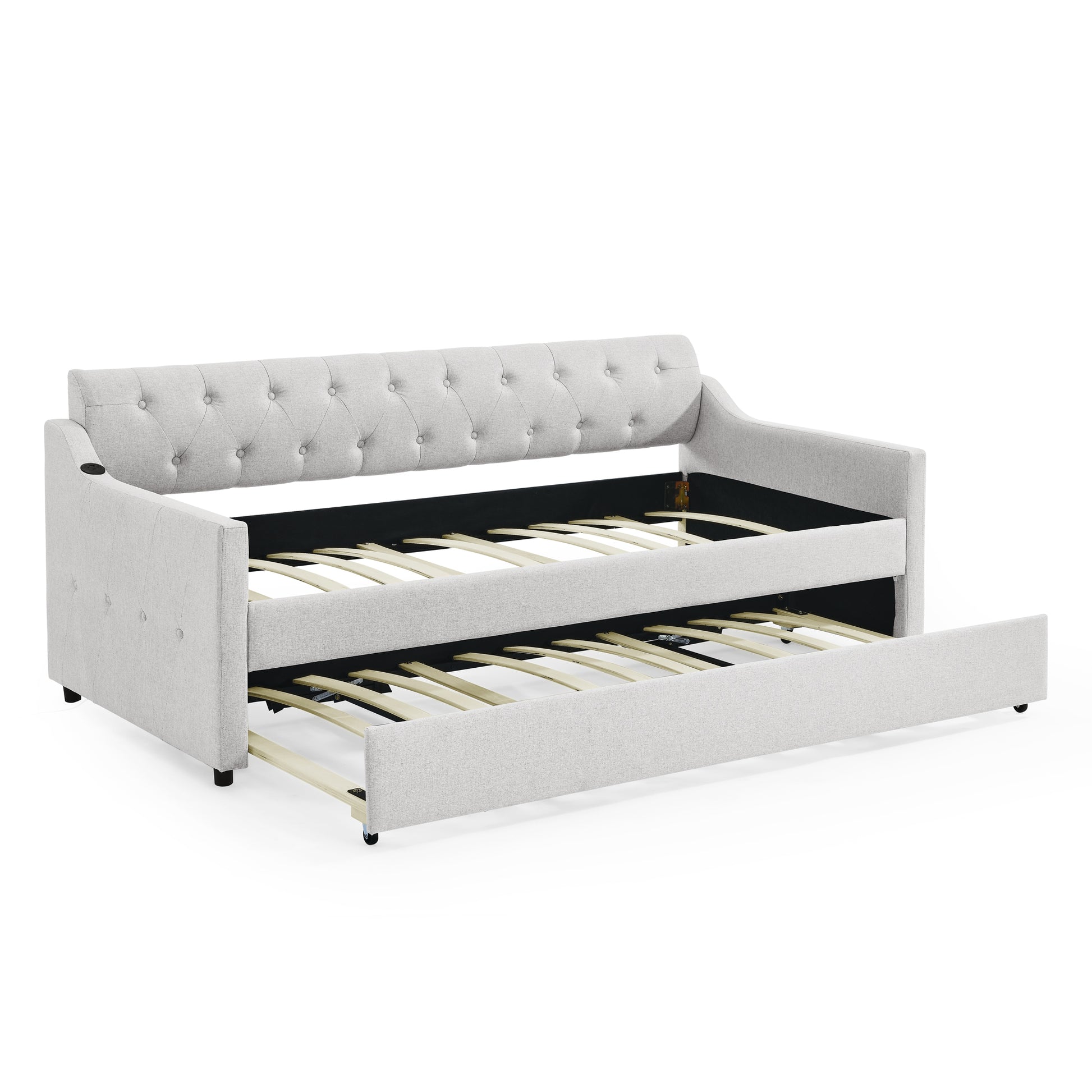 Twin Size Upholstery Daybed With Twin Size Erectable Trundle And Usb Charging Design, Linen Beige Twin Beige Linen