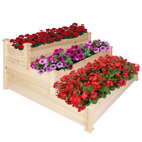 3 Tier Raised Garden Bed Kit Wooden Planter Box Heavy Duty Solid Fir Wood Natural Wood