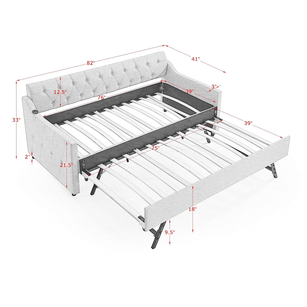 Twin Size Upholstery Daybed With Twin Size Erectable Trundle And Usb Charging Design, Linen Grey Twin Grey Linen