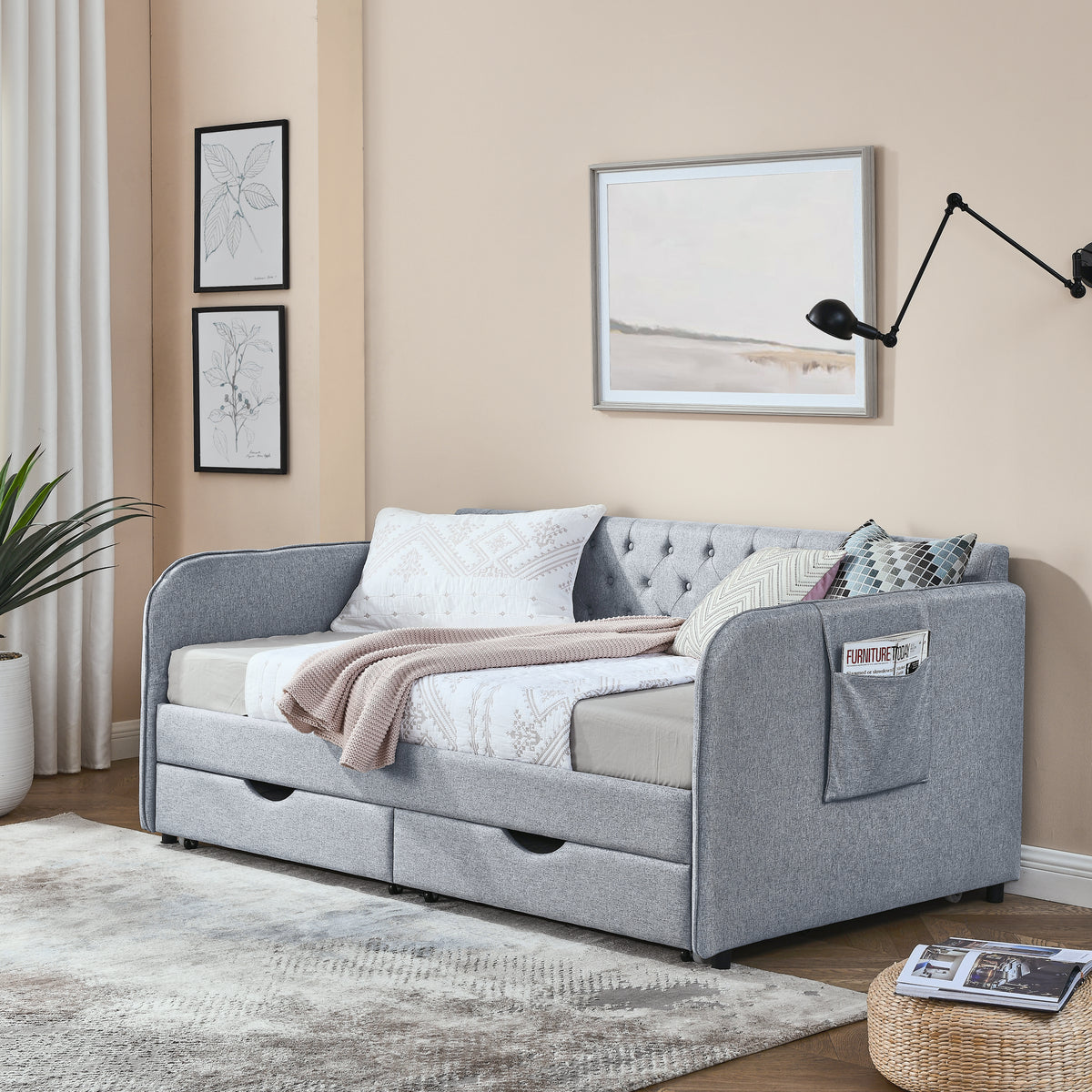 Twin Size Upholstery Daybed With Trundle Bed And Two Storage Drawersflat Arms With Pocket, Extendable Daybed For Bedroom Living Room,Linen Grey Grey Linen