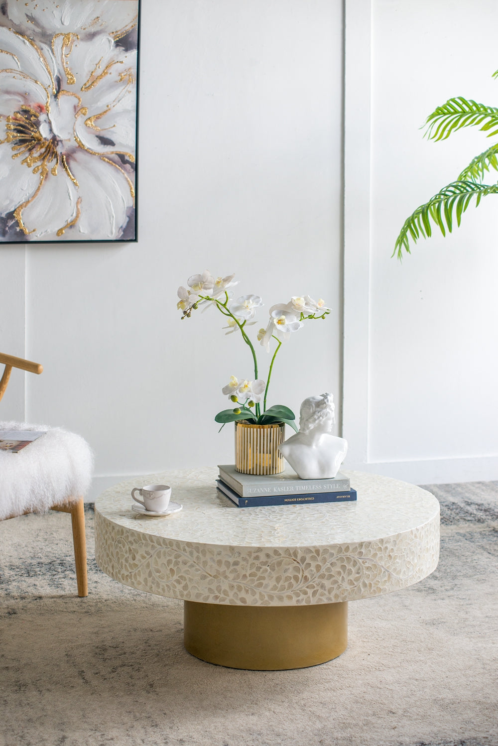 35X35X16" Unique Cream Capiz Coffee Table With Gold Pedestal Base Multi Primary Living Space Beach,Boho,Casual,Coastal,Modern Mdf