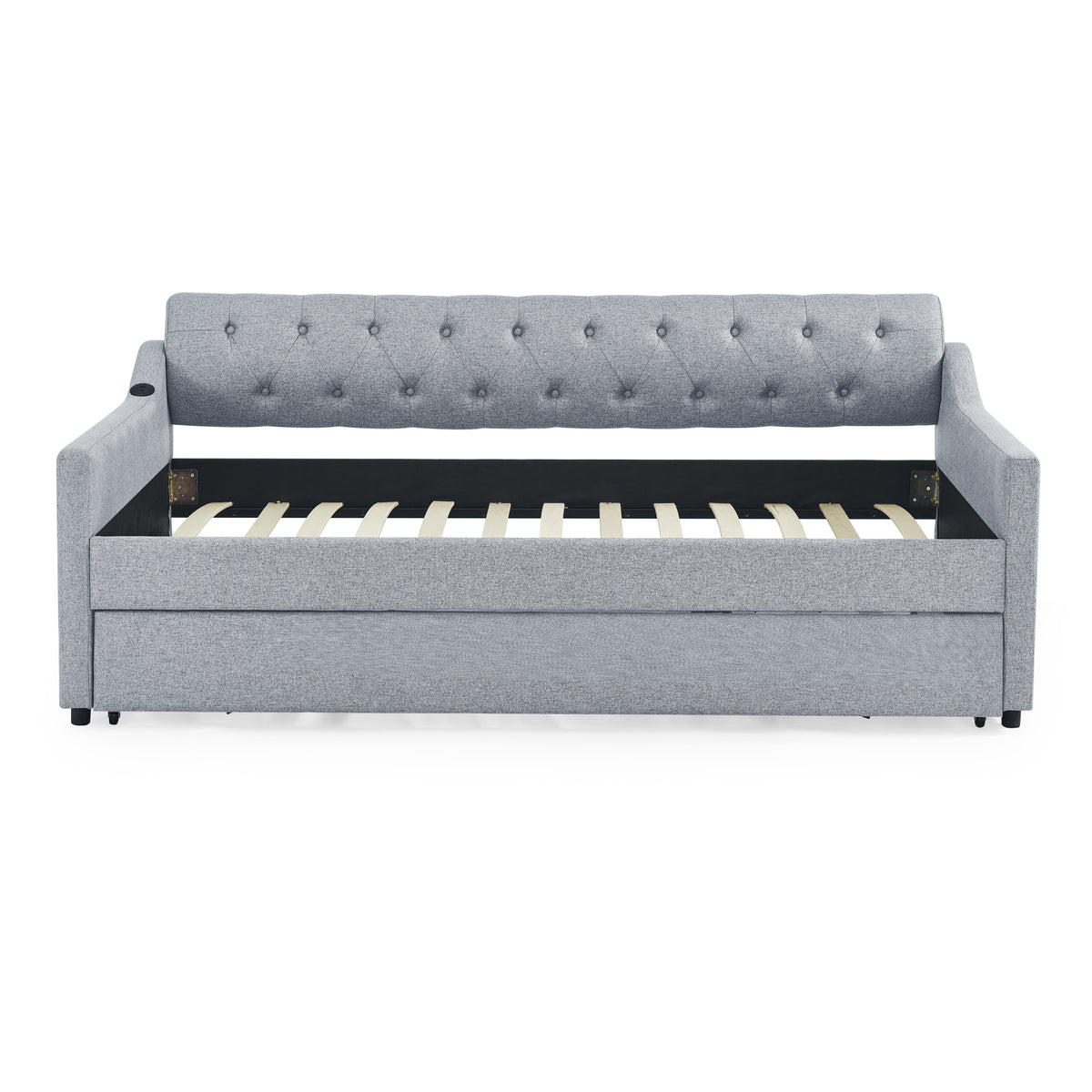Twin Size Upholstery Daybed With Twin Size Erectable Trundle And Usb Charging Design, Linen Grey Twin Grey Linen