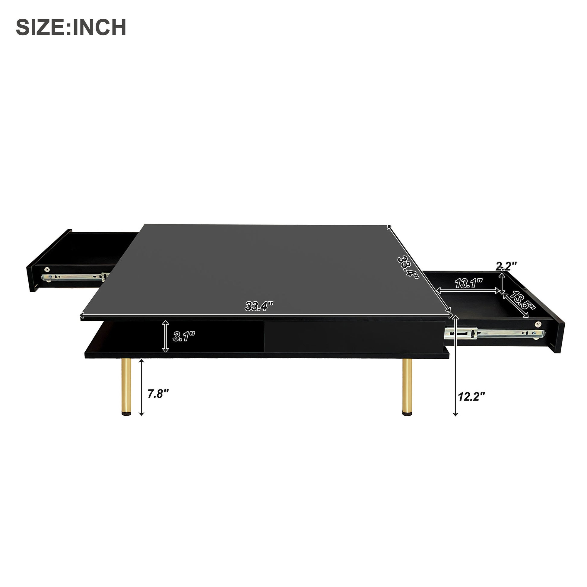 Exquisite High Gloss Coffee Table With 4 Golden Legs And 2 Small Drawers, 2 Tier Square Center Table For Living Room, Black Black Primary Living Space Particle Board