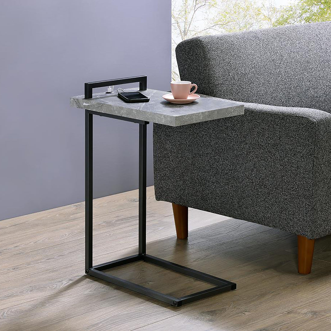 Grey And Gunmetal C Table With Usb Charging Port Grey Built In Outlets Or Usb Primary Living Space Industrial Tabeltop Rectangular Coffee & End Tables Powder Coated Metal