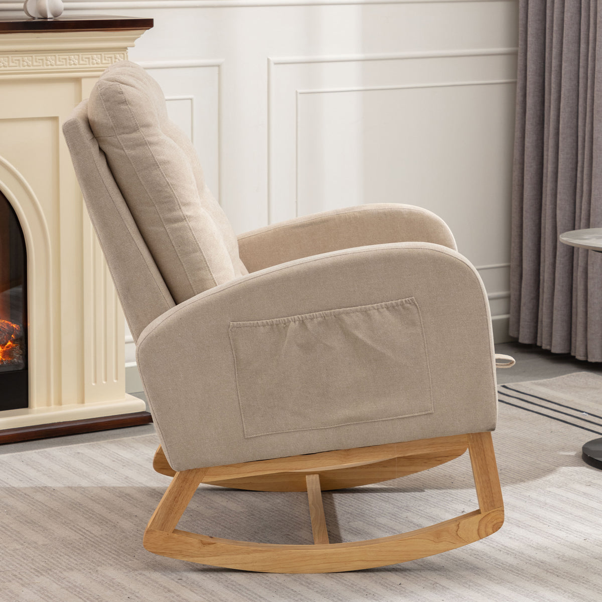Accent Rocking Chair With Footrest High Back Rubber Wood Rocking Legs Bedroom Living Space26.77D X 38.36W X 39.76H Inch Beige Foam Spring