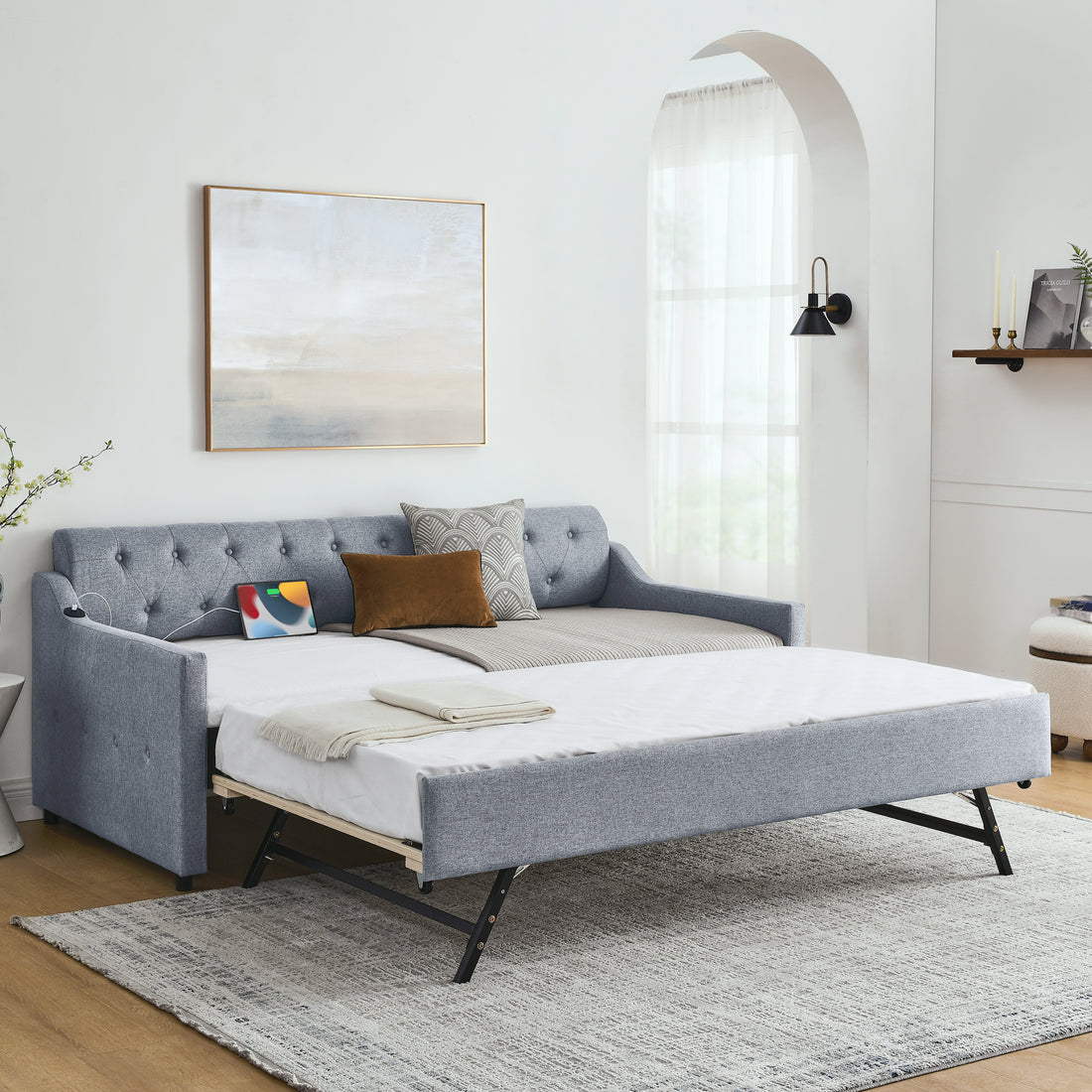 Twin Size Upholstery Daybed With Twin Size Erectable Trundle And Usb Charging Design, Linen Grey Twin Grey Linen