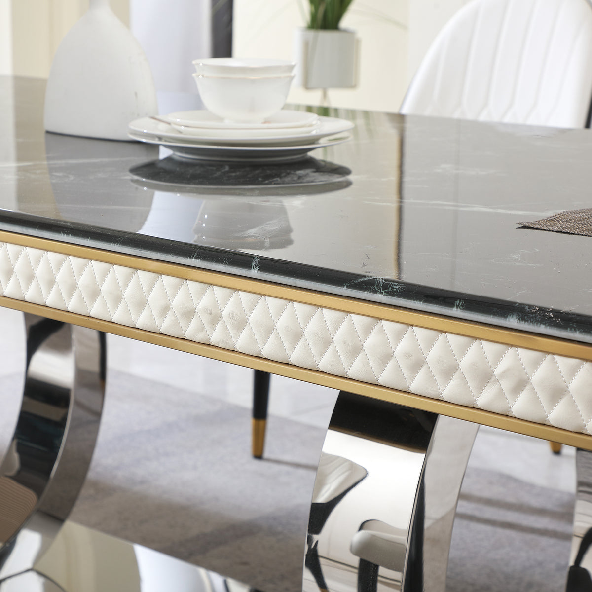 Luxury Modern Dining Table 78.7Inch Black Dining Table With 8 Chairs Faux Marble Dining Table Top With Dual Circle Base Dining Table Only Black Artificial Marble