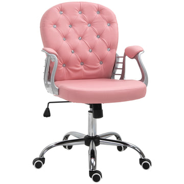 Pu Leather Home Office Chair, Button Tufted Desk Chair With Padded Armrests, Adjustable Height And Swivel Wheels, Pink Pink Faux Leather