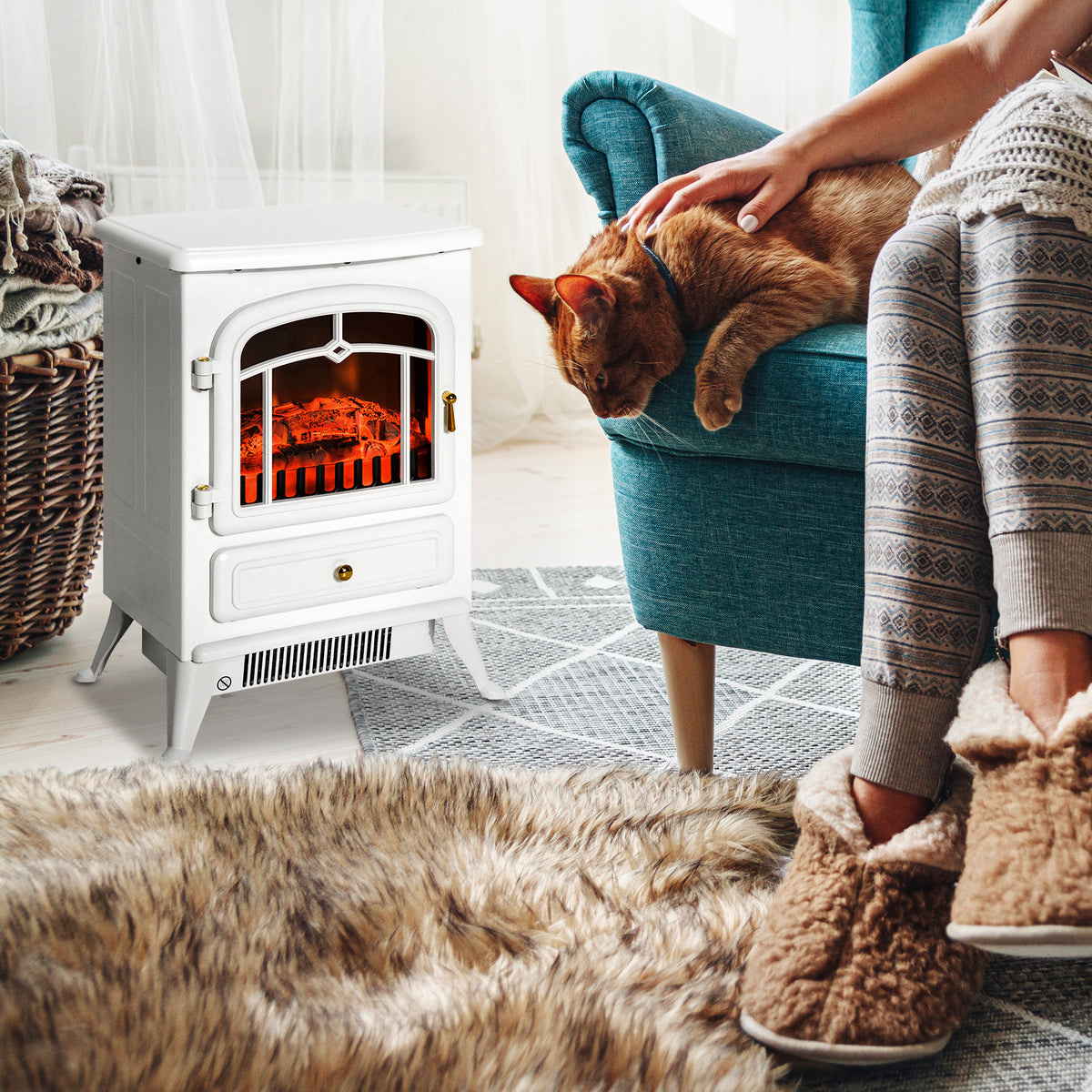 22" Electric Fireplace Heater, Freestanding Fire Place Stove With Realistic Led Flames And Logs, And Overheating Protection, 750W 1500W, White White Tempered Glass