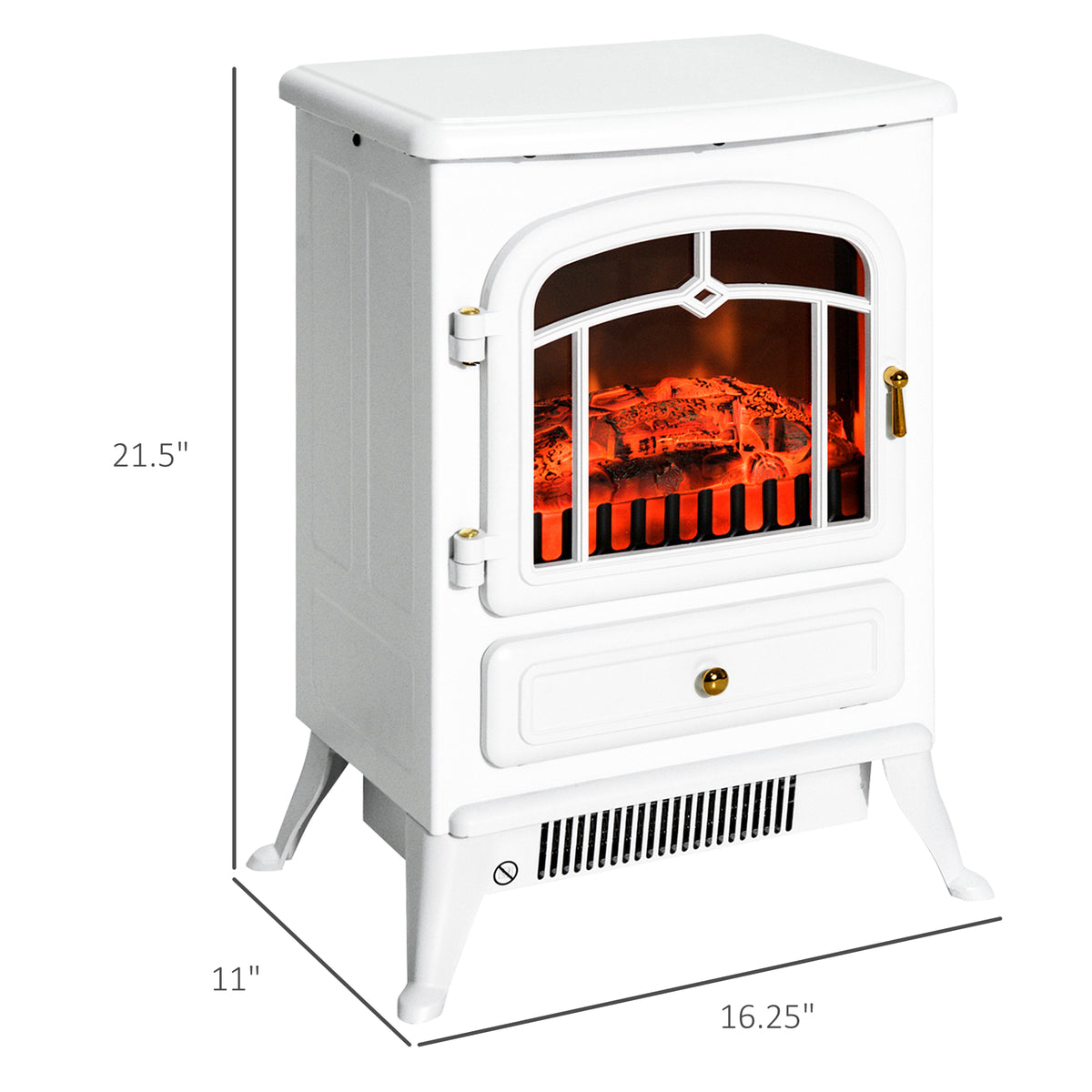 22" Electric Fireplace Heater, Freestanding Fire Place Stove With Realistic Led Flames And Logs, And Overheating Protection, 750W 1500W, White White Tempered Glass