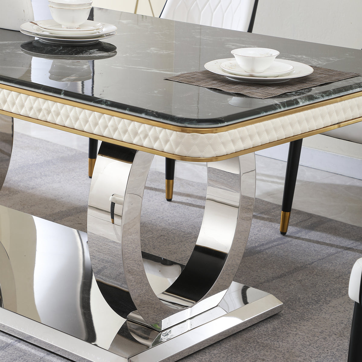 Luxury Modern Dining Table 78.7Inch Black Dining Table With 8 Chairs Faux Marble Dining Table Top With Dual Circle Base Dining Table Only Black Artificial Marble