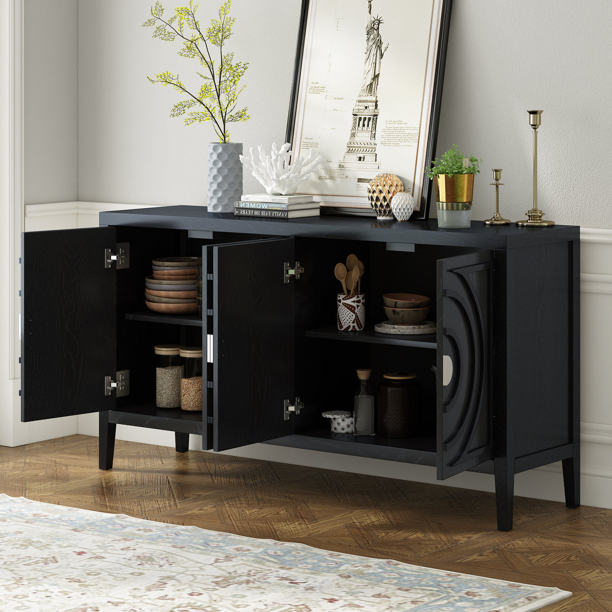 Retro Sideboard Door With Circular Groove Design Round Metal Door Handle For Entrance, Dinning Room, Living Room Black Black Mdf
