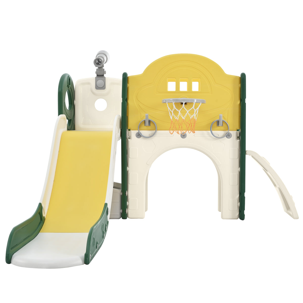 Kids Slide Playset Structure 7 In 1, Freestanding Space Set With Slide, Arch Tunnel, Ring Toss And Basketball Hoop, Toy Storage Organizer For Toddlers, Kids Climbers Playground Yellow Hdpe