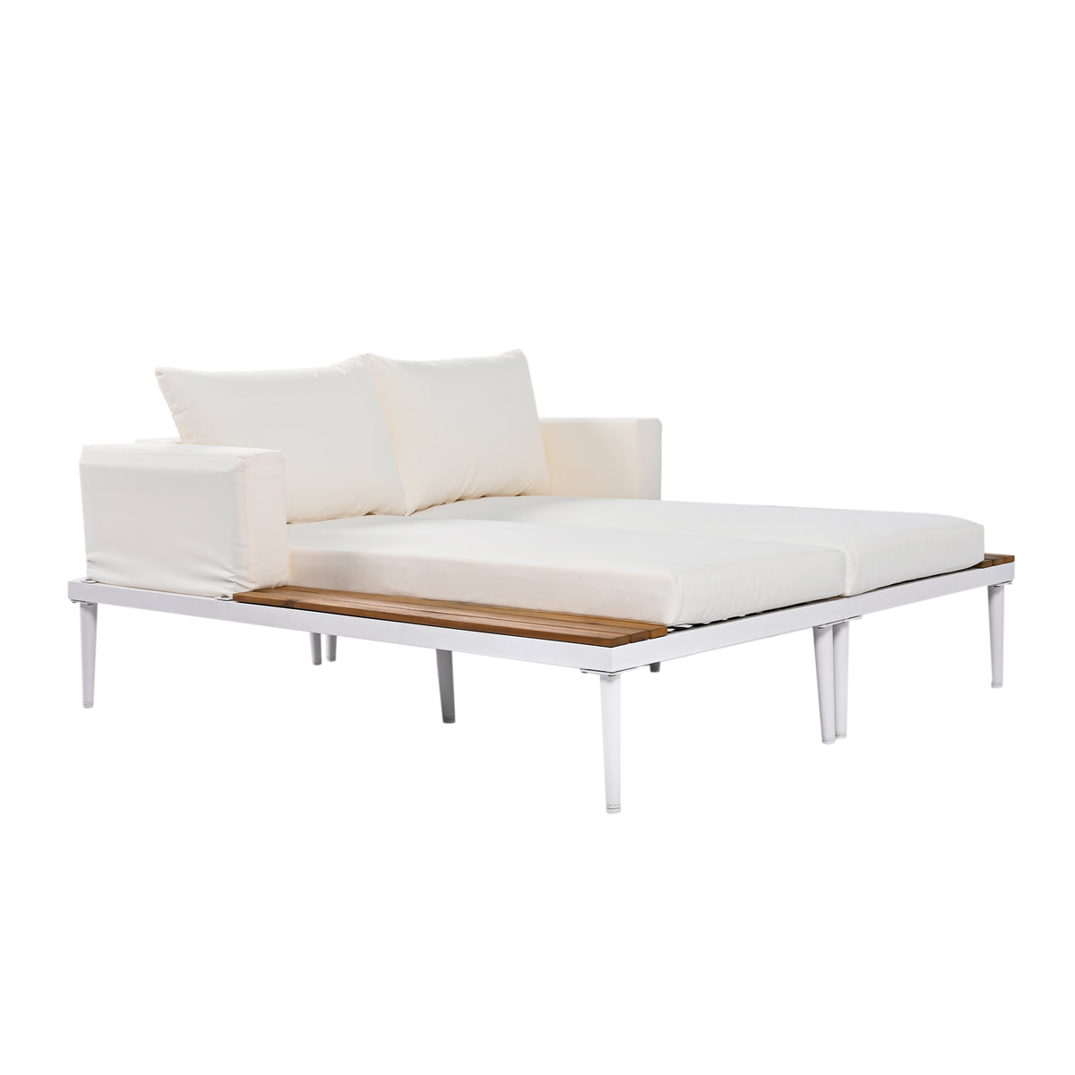 Modern Outdoor Daybed Patio Metal Daybed With Wood Topped Side Spaces For Drinks, 2 In 1 Padded Chaise Lounges For Poolside, Balcony, Deck, Beige Yes Lounge Beige Weather Resistant Frame Fade