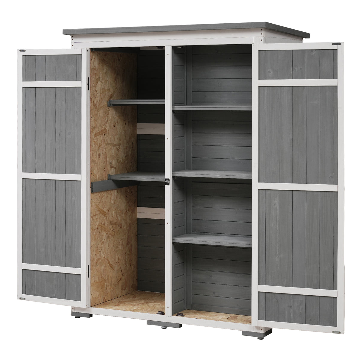 Outdoor 5.5Ft Hx4.1Ft L Wood Storage Shed, Garden Tool Cabinet With Waterproof Asphalt Roof, Four Lockable Doors, Multiple Tier Shelves, White And Gray White Gray Water Resistant Frame Garden &