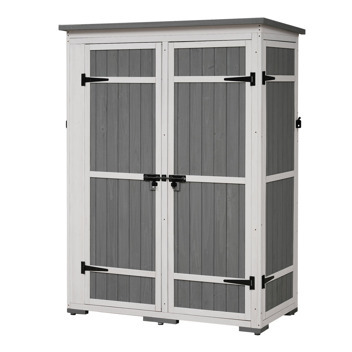 Outdoor 5.5Ft Hx4.1Ft L Wood Storage Shed, Garden Tool Cabinet With Waterproof Asphalt Roof, Four Lockable Doors, Multiple Tier Shelves, White And Gray White Gray Water Resistant Frame Garden &