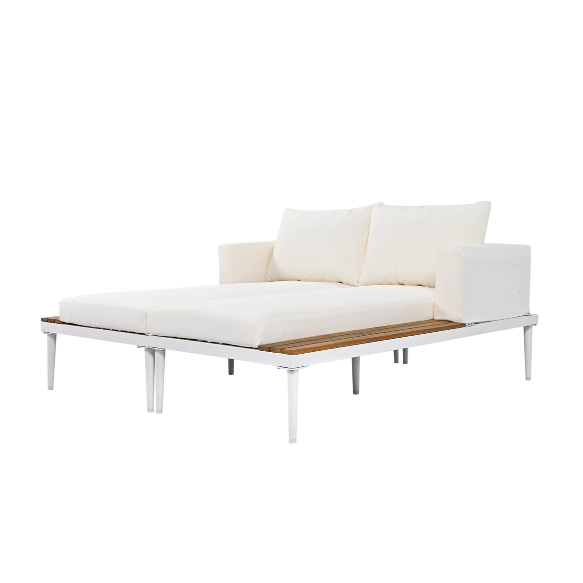 Modern Outdoor Daybed Patio Metal Daybed With Wood Topped Side Spaces For Drinks, 2 In 1 Padded Chaise Lounges For Poolside, Balcony, Deck, Beige Yes Lounge Beige Weather Resistant Frame Fade