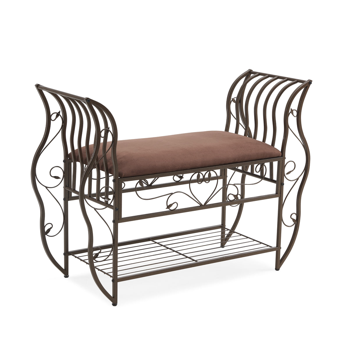 Traditional Style End Of Bed Bench, Upholstered Entryway Bench With Arm, Ottoman Bench With Metal Frame Antique Bronze Fabric Metal