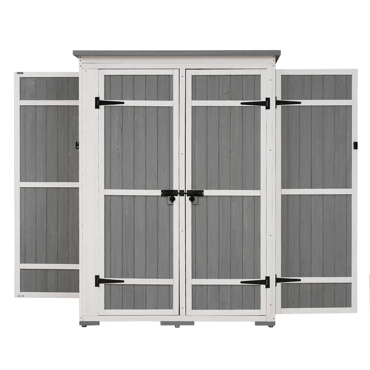 Outdoor 5.5Ft Hx4.1Ft L Wood Storage Shed, Garden Tool Cabinet With Waterproof Asphalt Roof, Four Lockable Doors, Multiple Tier Shelves, White And Gray White Gray Water Resistant Frame Garden &