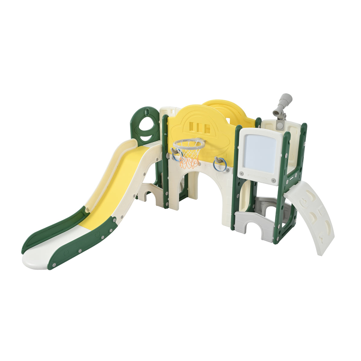 Kids Slide Playset Structure 9 In 1, Freestanding Space Set With Slide, Arch Tunnel, Ring Toss, Drawing Whiteboardl And Basketball Hoop For Toddlers, Kids Climbers Playground Yellow Hdpe Indoor & Outdoor Use