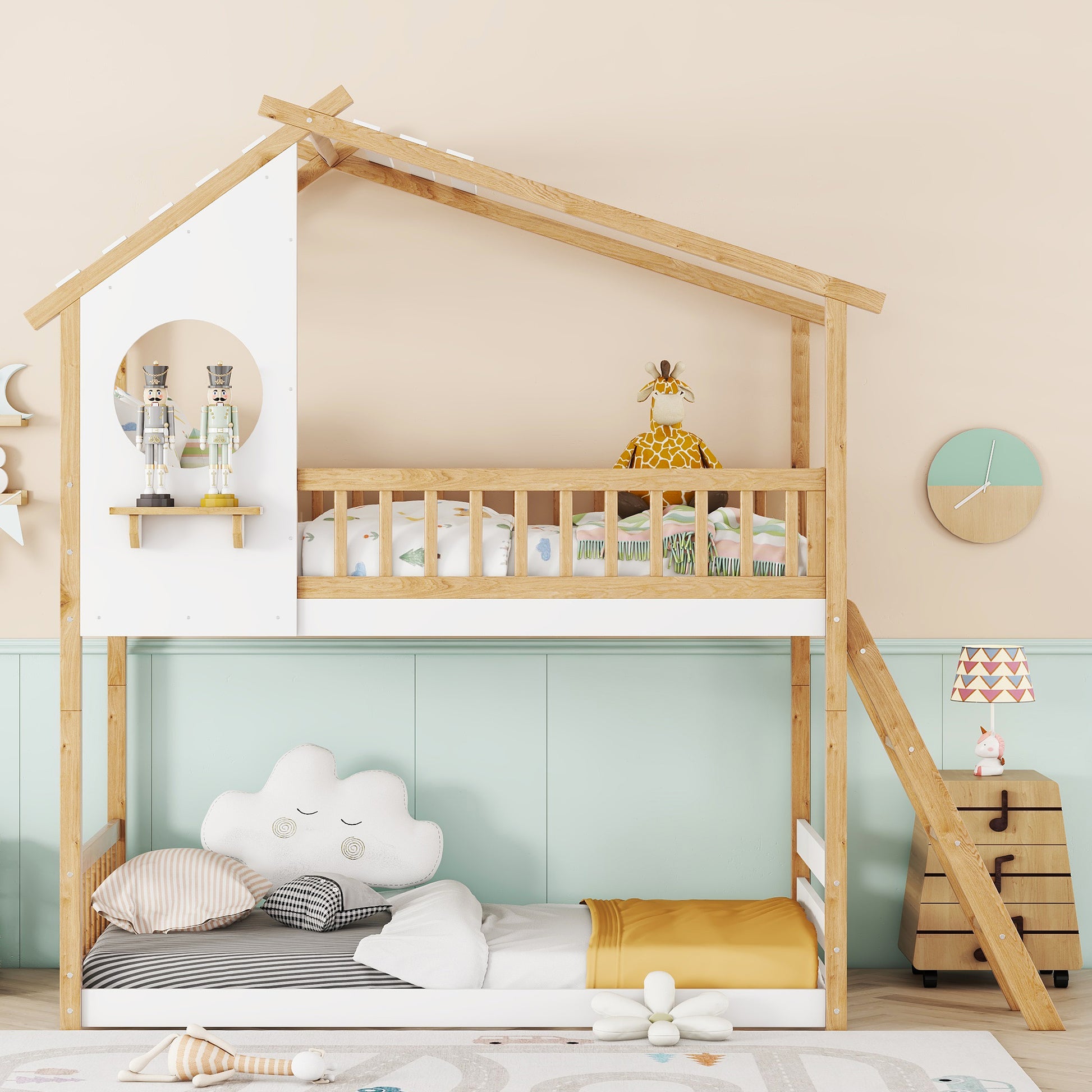 Twin Over Twin Bunk Bed Wood Bed With Roof, Window, Ladder,Natural Old Sku :Lt100008Aad Twin Natural Solid Wood