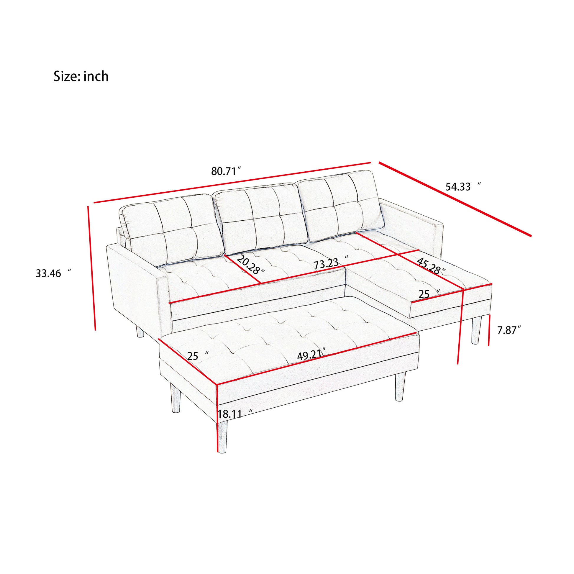 White Fabric Right Facing Sectional Sofa Bedl Shape Sofa Chaise Lounge With Ottoman Bench White Wood Tufted Back Square Arms Foam Fabric 3 Seat