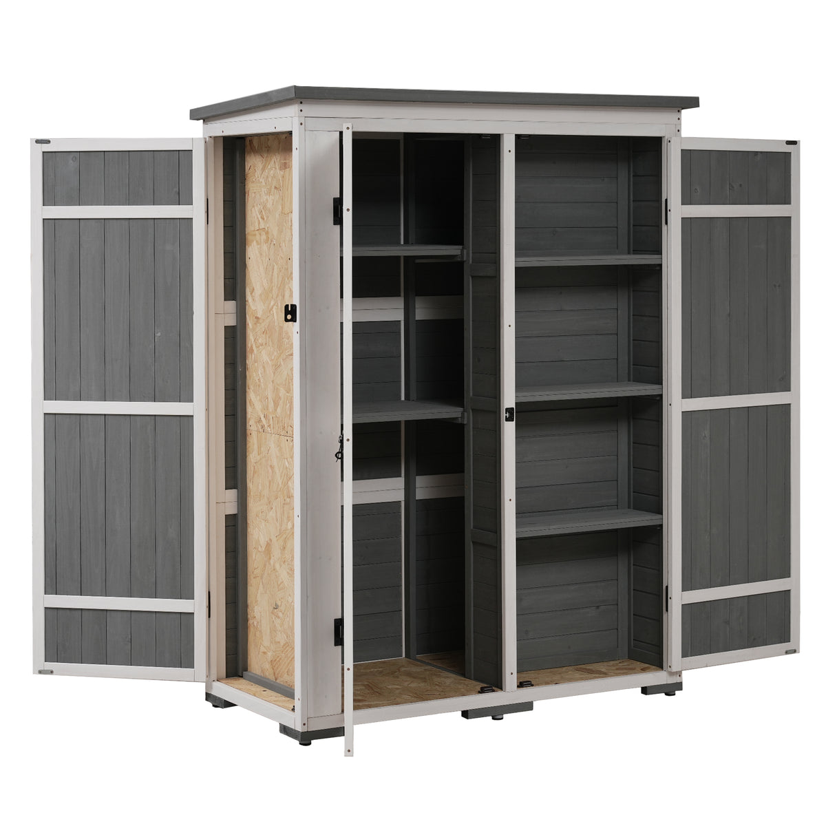 Outdoor 5.5Ft Hx4.1Ft L Wood Storage Shed, Garden Tool Cabinet With Waterproof Asphalt Roof, Four Lockable Doors, Multiple Tier Shelves, White And Gray White Gray Water Resistant Frame Garden &