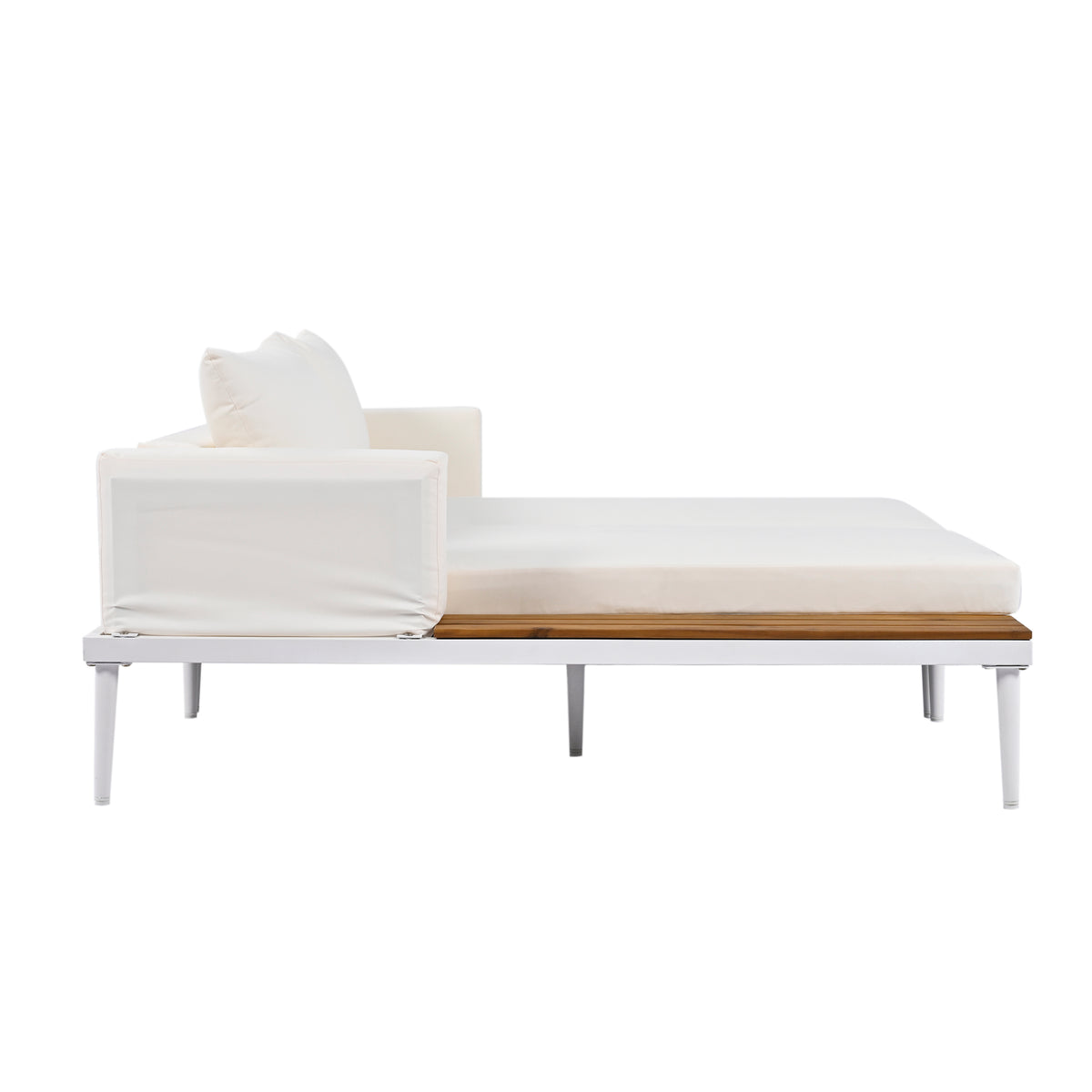 Modern Outdoor Daybed Patio Metal Daybed With Wood Topped Side Spaces For Drinks, 2 In 1 Padded Chaise Lounges For Poolside, Balcony, Deck, Beige Yes Lounge Beige Weather Resistant Frame Fade