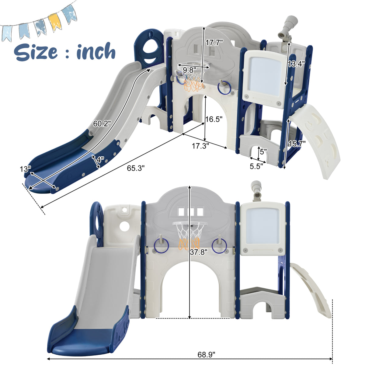 Kids Slide Playset Structure 9 In 1, Freestanding Space Set With Slide, Arch Tunnel, Ring Toss, Drawing Whiteboardl And Basketball Hoop For Toddlers, Kids Climbers Playground Blue Grey Hdpe Indoor & Outdoor Use