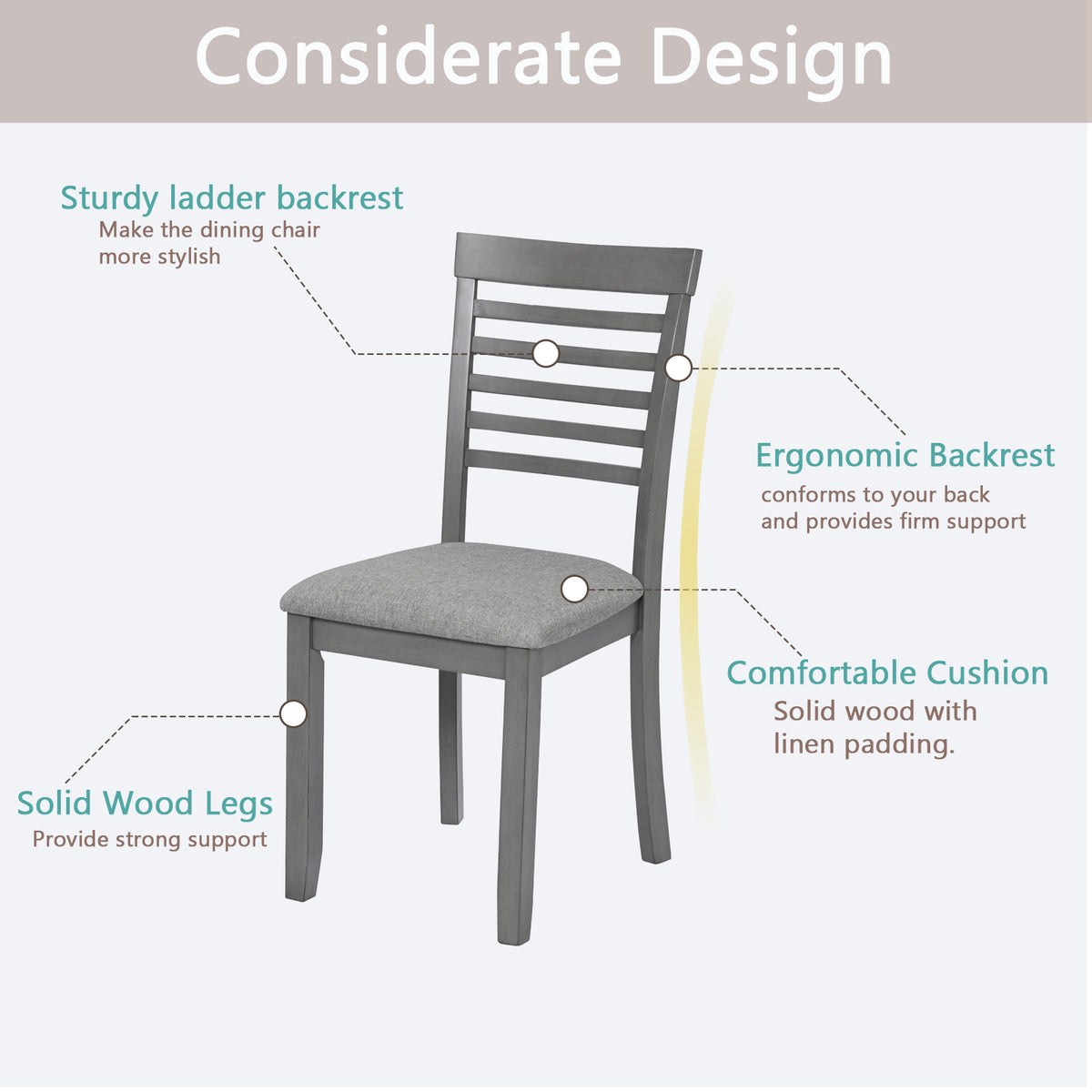 Wooden Dining Chairs Set Of 4, Kitchen Chair With Padded Seat, Upholstered Side Chair For Dining Room, Living Room, Gray Gray Dining Room Rubberwood Rubber Wood