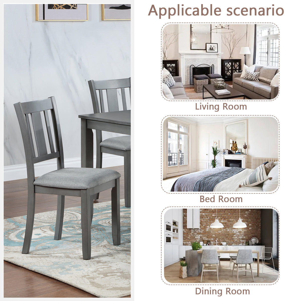 Wooden Dining Chairs Set Of 4, Kitchen Chair With Padded Seat, Upholstered Side Chair For Dining Room, Living Room, Gray Wood Gray Solid Back Seats 4 Dining Room Rubberwood Rubber Wood