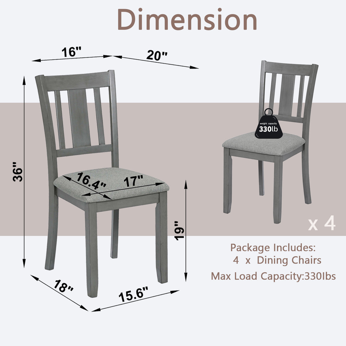 Wooden Dining Chairs Set Of 4, Kitchen Chair With Padded Seat, Upholstered Side Chair For Dining Room, Living Room, Gray Wood Gray Solid Back Seats 4 Dining Room Rubberwood Rubber Wood