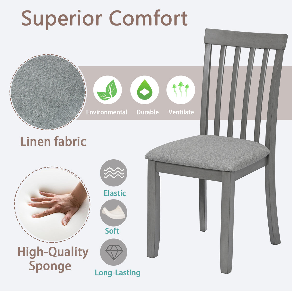 Wooden Dining Chairs Set Of 4, Kitchen Chair With Padded Seat, Upholstered Side Chair For Dining Room, Living Room, Gray Gray Dining Room Rubberwood Rubber Wood