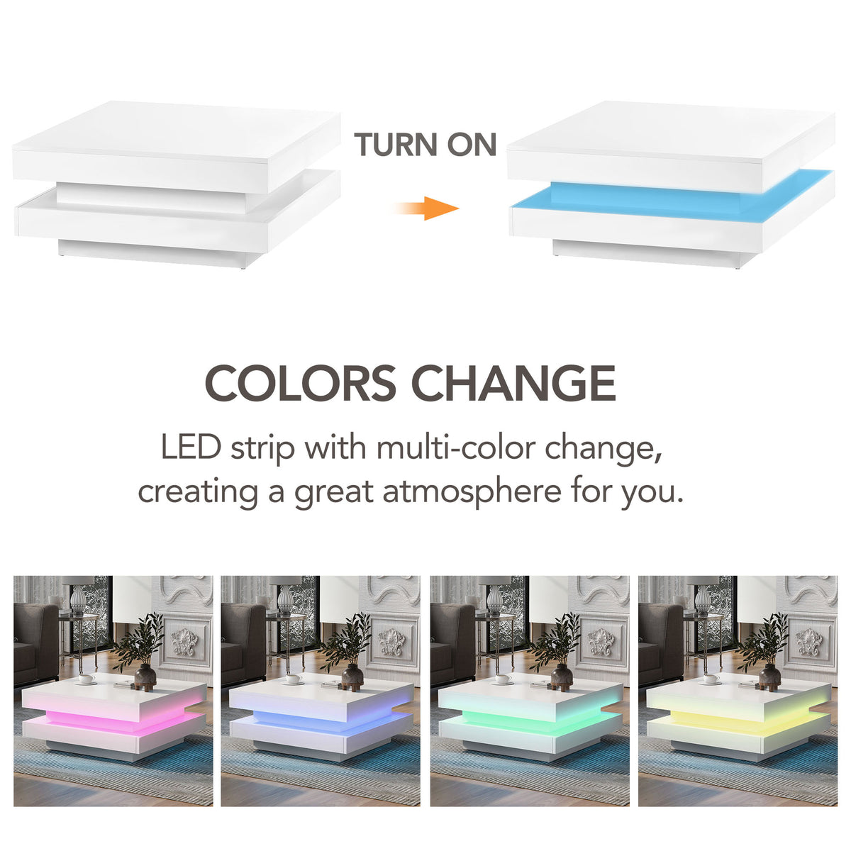 High Gloss Minimalist Design With Led Lights, 2 Tier Square Coffee Table, Center Table For Living Room, 31.5''X31.5''X14.2'', White White Particle Board