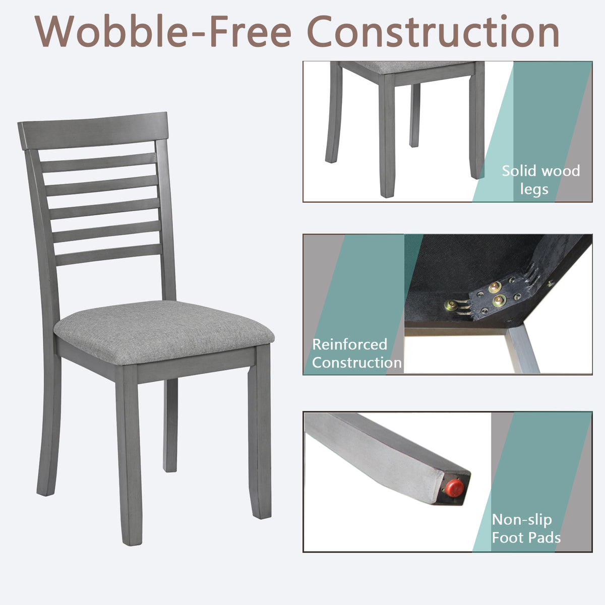 Wooden Dining Chairs Set Of 4, Kitchen Chair With Padded Seat, Upholstered Side Chair For Dining Room, Living Room, Gray Gray Dining Room Rubberwood Rubber Wood