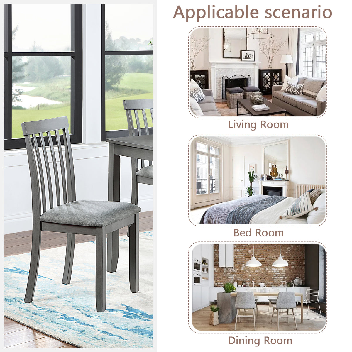 Wooden Dining Chairs Set Of 4, Kitchen Chair With Padded Seat, Upholstered Side Chair For Dining Room, Living Room, Gray Gray Dining Room Rubberwood Rubber Wood