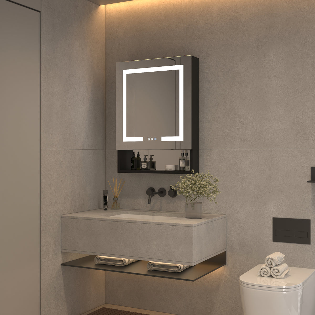 Lighted Medicine Cabinet 24 X 32 Inch, Recessed Or Surface,Clock, Room Temp Display,Defog,Night Light,Stepless Dimming,3000K 6400K, Outlets & Usbs,Hinge On The Left.With External Storage Shelf. Black Aluminium