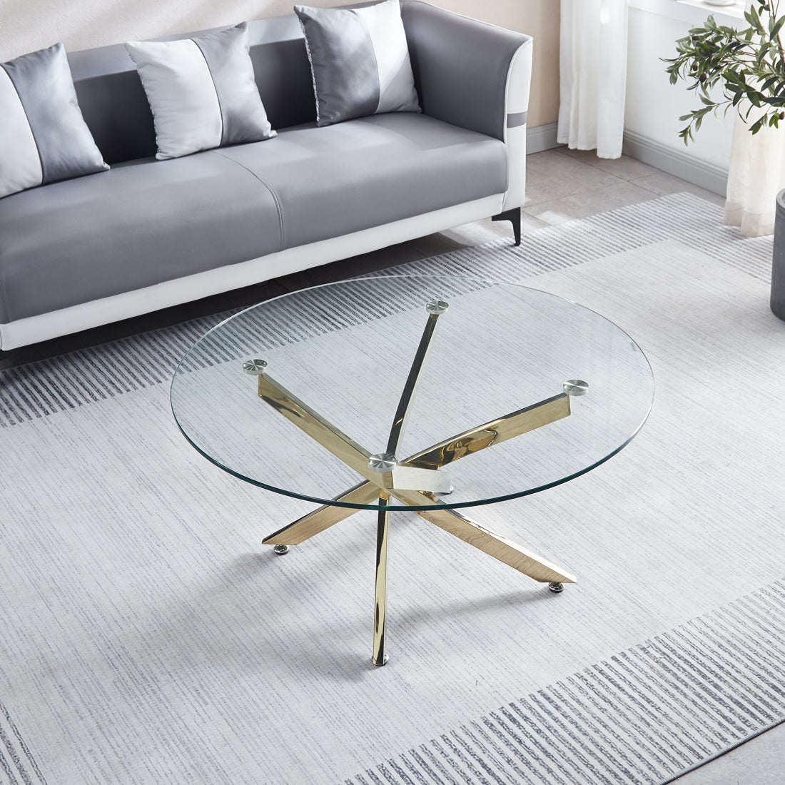 Modern Round Tempered Glass Coffee Table With Chrome Legs Gold Tempered Glass