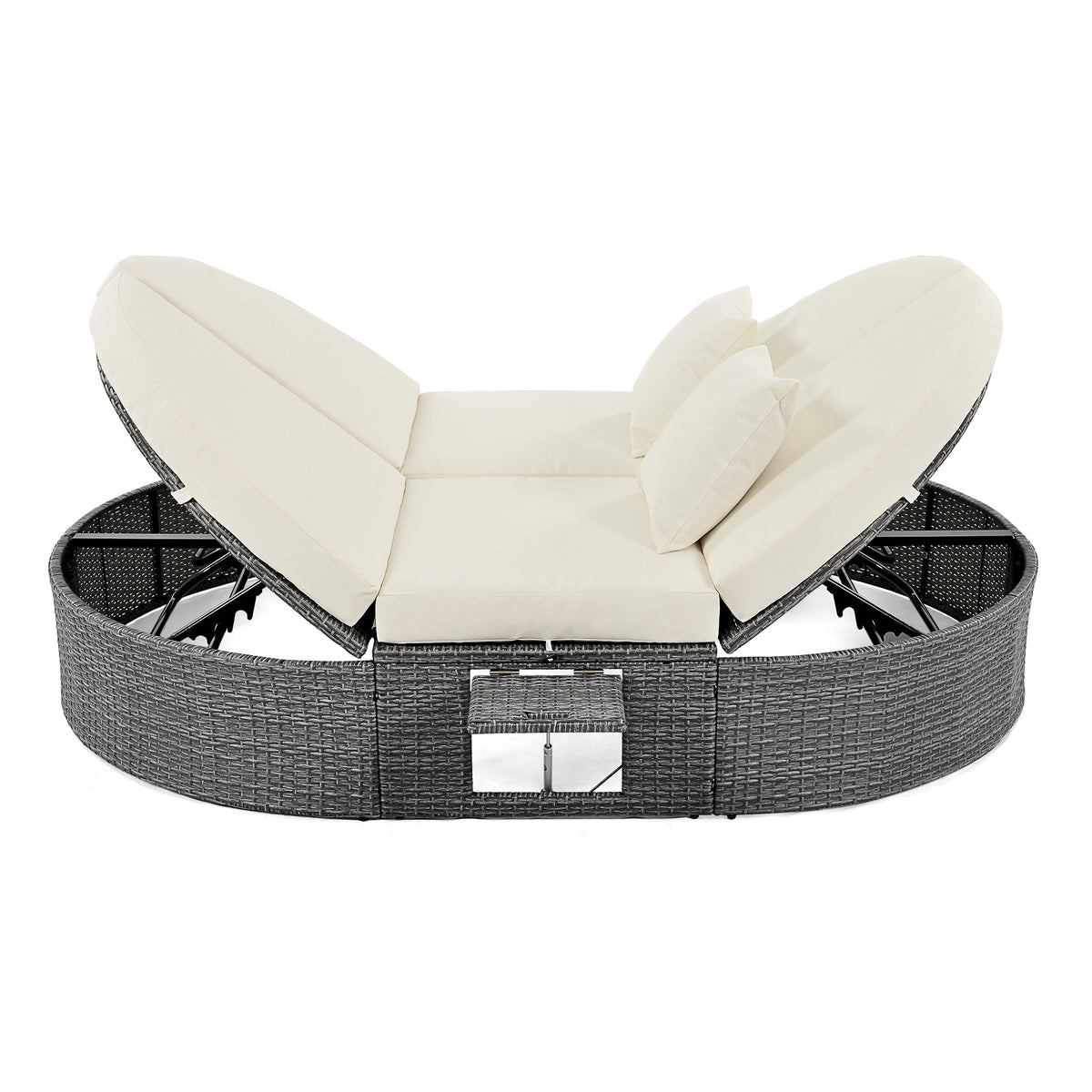 Outdoor Sun Bed Patio 2 Person Daybed With Cushions And Pillows, Rattan Garden Reclining Chaise Lounge With Adjustable Backrests And Foldable Cup Trays For Lawn, Poolside, Beige Yes Complete Patio Set Beige Weather Resistant Frame Water Resistant Cushion
