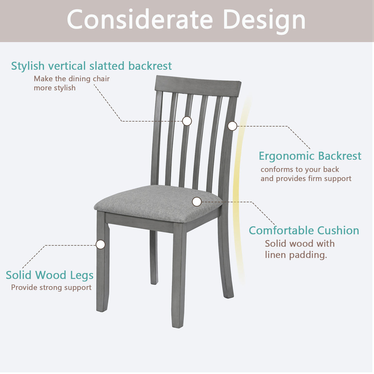 Wooden Dining Chairs Set Of 4, Kitchen Chair With Padded Seat, Upholstered Side Chair For Dining Room, Living Room, Gray Gray Dining Room Rubberwood Rubber Wood