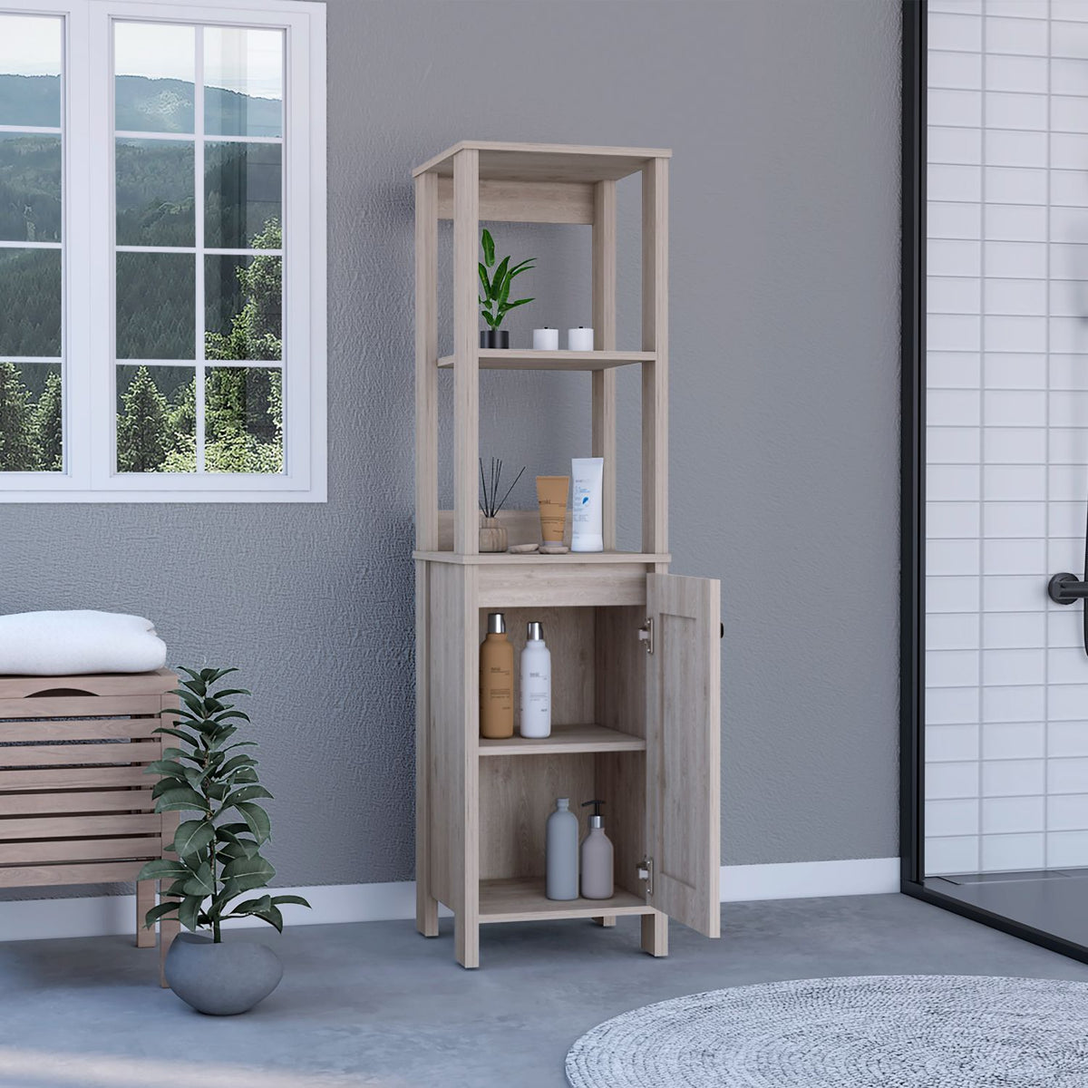 Linen Single Door Cabinet 59" H, Two Interior Shelves, Two Open Shelves, Light Gray Gray Particle Board Particle Board